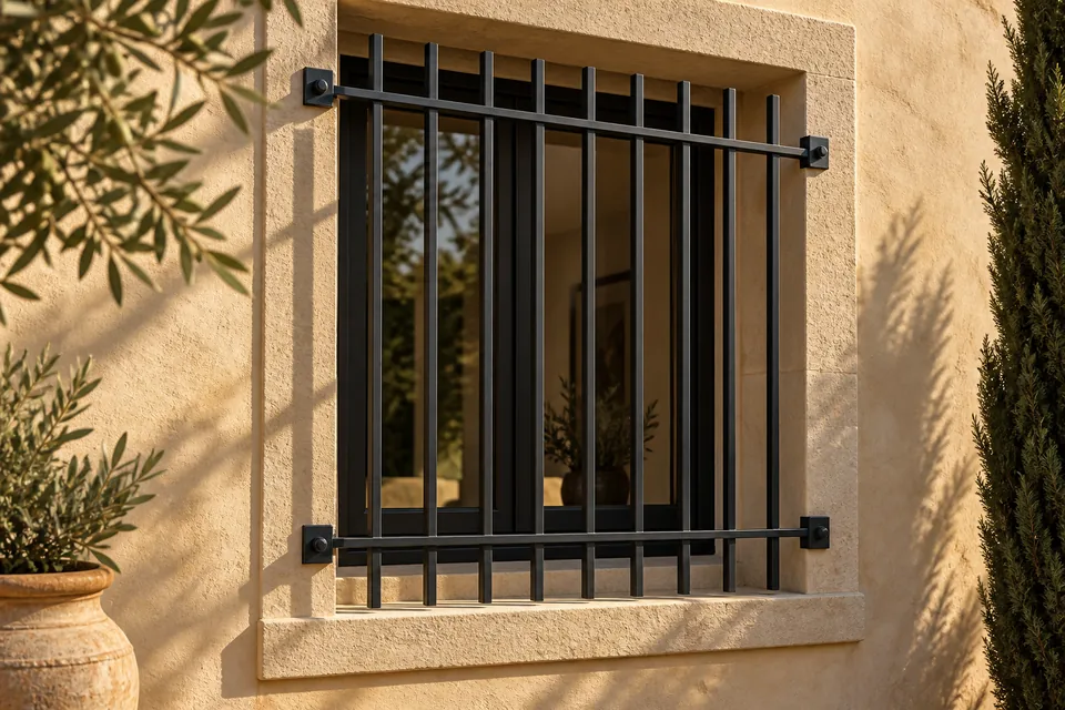 Ilustración: Reja de seguridad de acero en una ventana de fachada
